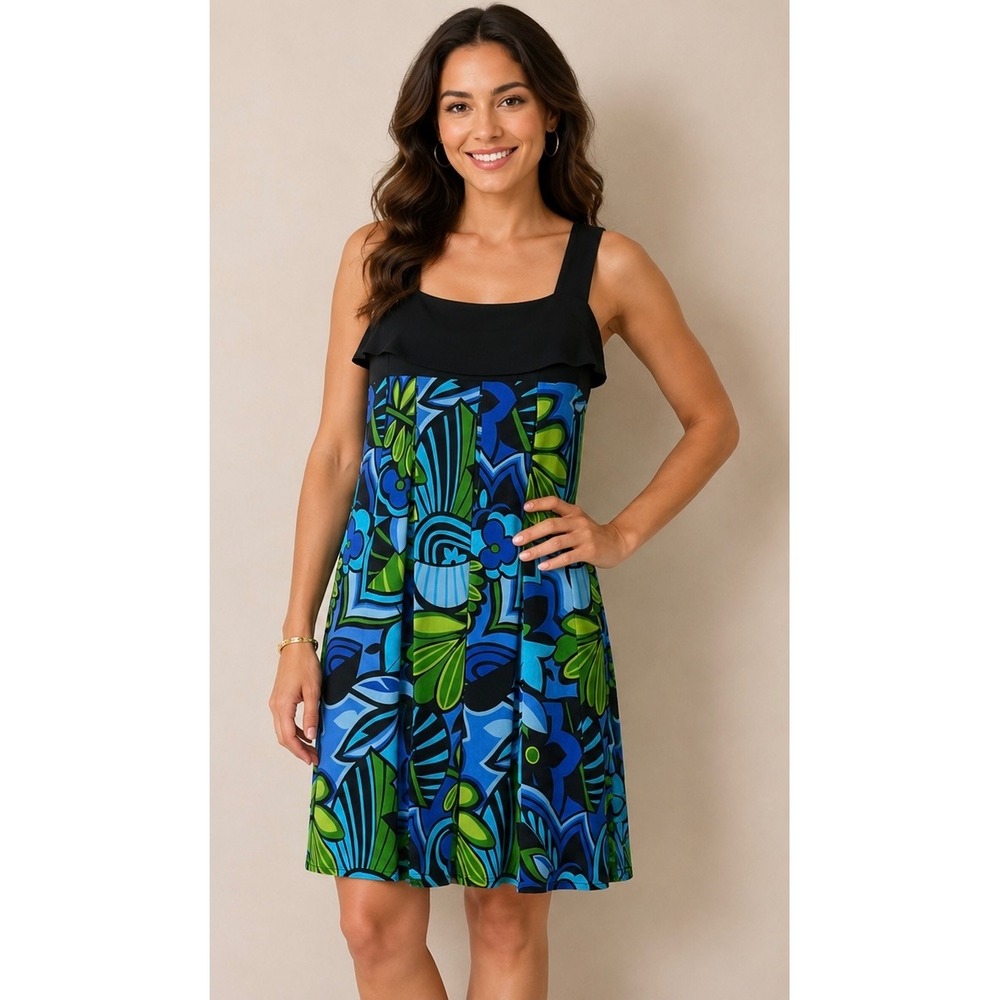 Maggy L Womens Blue Green Geometric Floral Print Sleeveless Shift Dress Size 12